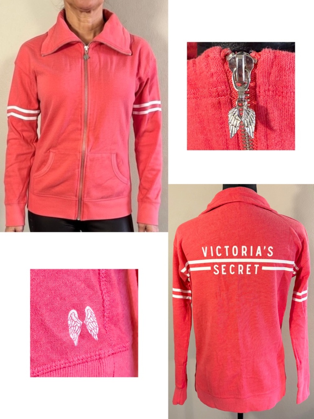 RARE Victoria's Secret Angel Wing Zip Up Hoodie XS Coral Spellout Y2K Vibes EUC!